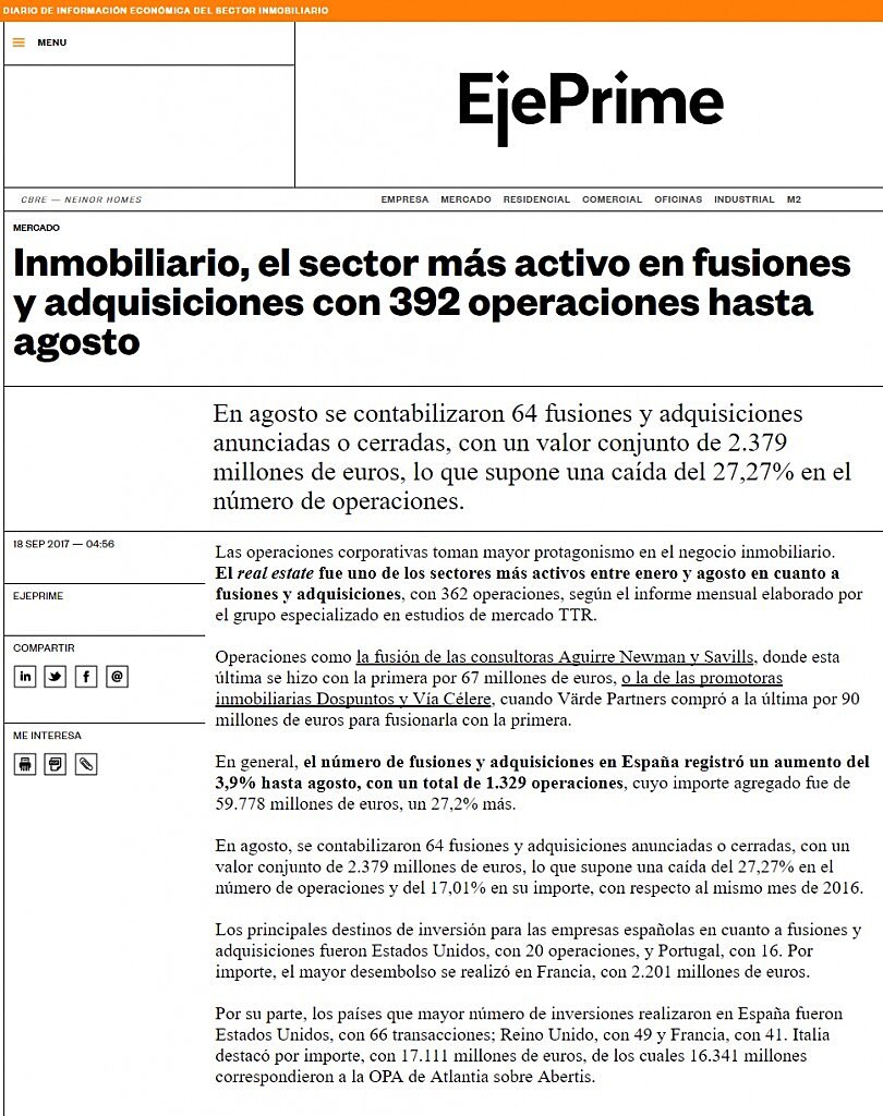 Inmobiliario, el sector ms activo en fusiones y adquisiciones con 392 operaciones hasta agosto